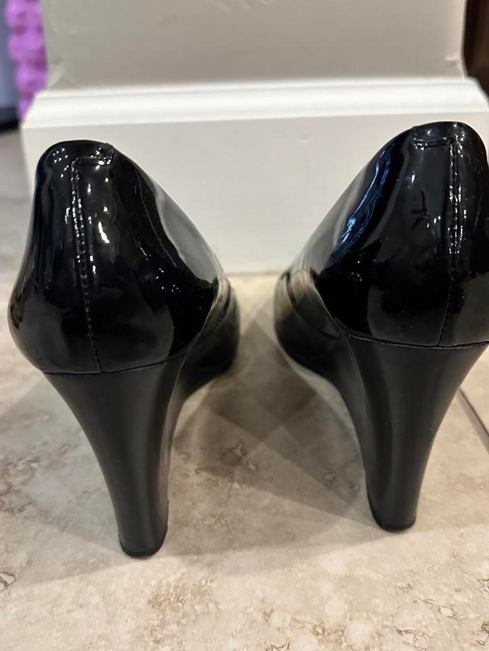 Tory Burch Black Patent Leather Peep-Toe Wedge with Gold Logo - Picture 5 of 15